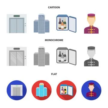 Elevator car, mini bar, staff, building.Hotel set collection icons in cartoon Ilustración de archivo