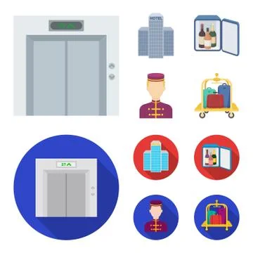 Elevator car, mini bar, staff, building.Hotel set collection icons in cartoon Stock Illustration