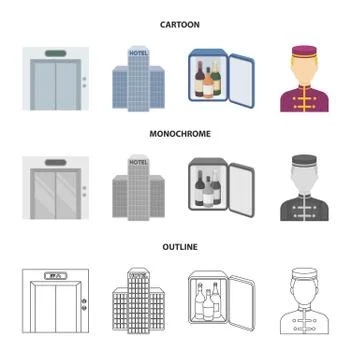 Elevator car, mini bar, staff, building.Hotel set collection icons in cartoon Stock Illustration