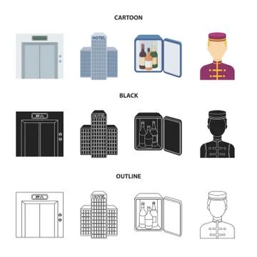 Elevator car, mini bar, staff, building.Hotel set collection icons in cartoon Stock Illustration