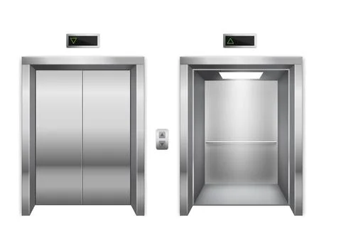 Elevator. Closed and open chrome metal lift doors, modern passenger or cargo Stock Illustration