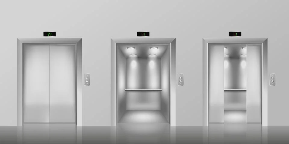 Elevator with closed, half-open and open doors, realistic vector illustration. Ilustración de archivo