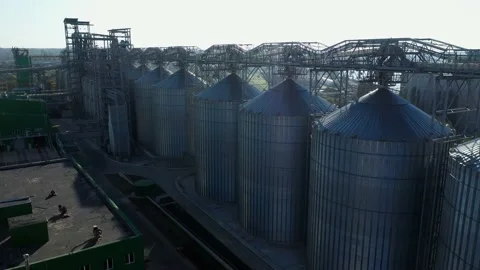 Elevator complex. Concrete storage for grain. Acceptance of grain. Aerial view Stock Footage 155490612