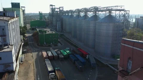Elevator complex. Concrete storage for grain. Acceptance of grain. Aerial view Stock Footage 155490996