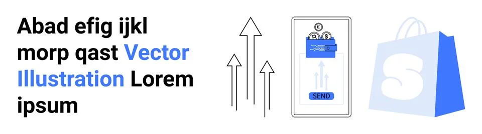 Elevator control panel with up buttons is next to arrows and a shopping bag.  Illustrazione stock