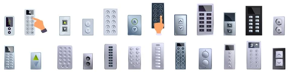 Elevator control panel icons set. Person pressing button of elevator control Illustrazione stock