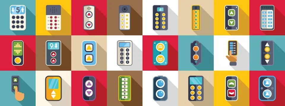 Elevator control panel icons set. Elevator buttons icons set showing differ.. Ilustración de archivo