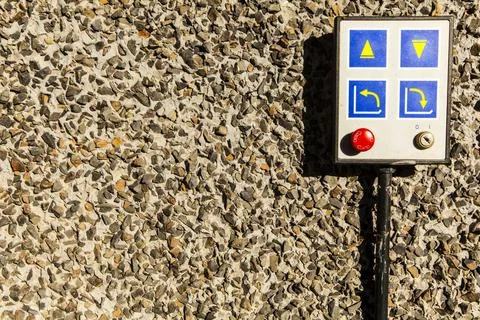 Elevator controls on a wall with a red button, Dry Falls State Park, Coulee. Stock Photos