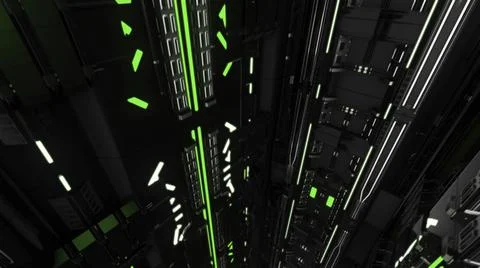 Elevator corridor in the building lit by green illumination. Animation. Flying Ilustración de archivo