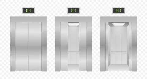Elevator doors. Closing and opening lift metallic in office building. Vector  Ilustración de archivo