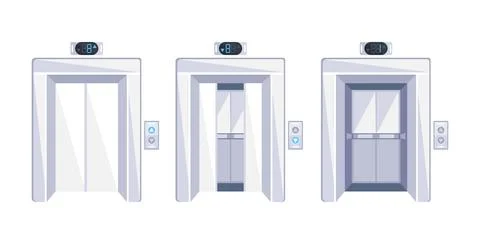 Elevator doors. Open and closed chrome metal doors and button panel closeup Stock-Illustration