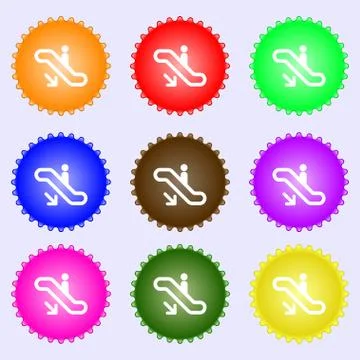 Elevator, Escalator, Staircase icon sign. A set of nine different colored labels Stock Illustration