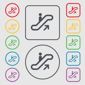 Elevator, Escalator, Staircase icon sign. symbol on the Round and square buttons Stock Illustration