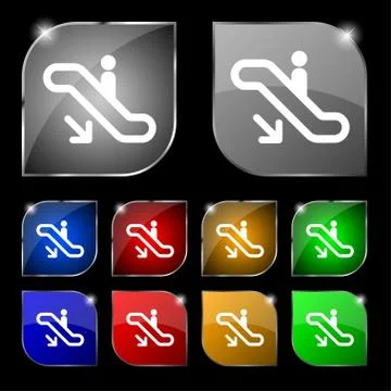 Elevator, Escalator, Staircase icon sign. Set of ten colorful buttons with glare Stock Illustration