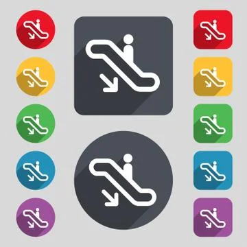 Elevator, Escalator, Staircase icon sign. A set of 12 colored buttons and a long Stock Illustration