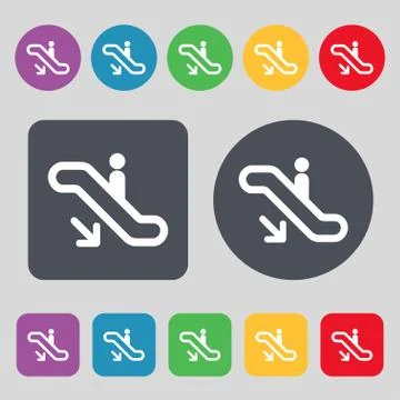 Elevator, Escalator, Staircase icon sign. A set of 12 colored buttons. Flat desi Stock Illustration