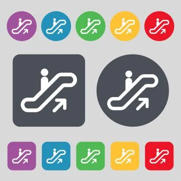 Elevator, Escalator, Staircase icon sign. A set of 12 colored buttons. Flat desi Stock Illustration