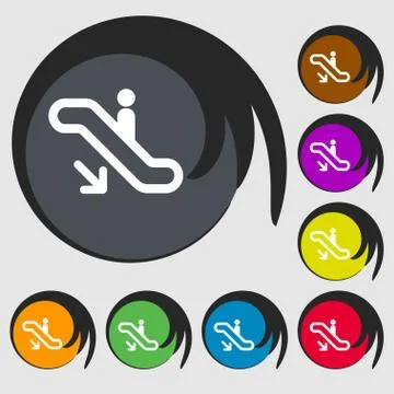 Elevator, Escalator, Staircase icon sign. Symbol on eight colored buttons. Stock Illustration
