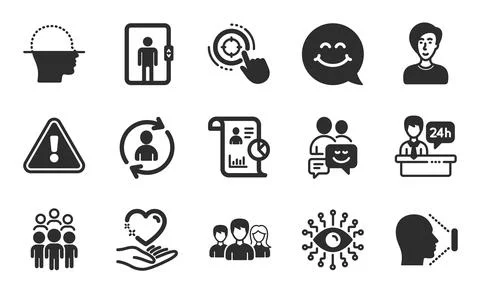 Elevator, Face id and Face scanning icons set. Person info, Group people and Stock Illustration