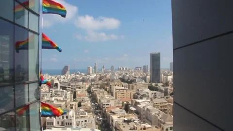 Elevator flags high rise skyscraper Stock Footage 98676483