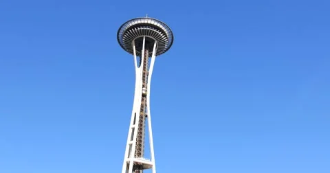 Elevator Going up Space Needle Against Blue Sky Stock Footage 67908137