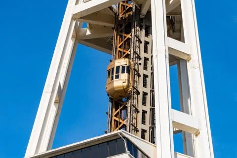 The elevator going up to the top of the Space Needle in Seattle Stock Photos