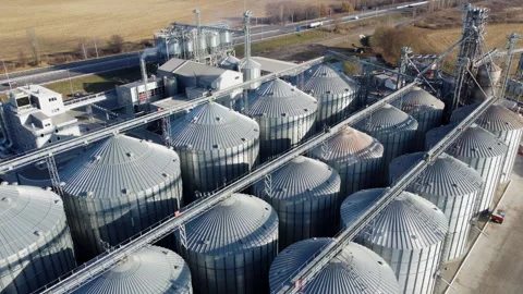 Elevator. Grain elevator. Granary. Large metal structure grain elevator Storage Stock Footage 328920411
