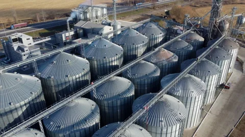 Elevator. Grain elevator. Granary. Large metal structure grain elevator Storage Stock Footage 328920812