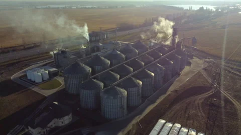 Elevator. Grain elevator. Granary. Large metal structure grain elevator Storage Stock Footage 329393197