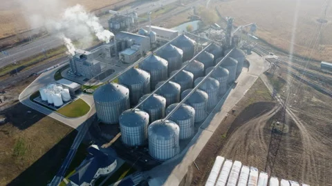Elevator. Grain elevator. Granary. Large metal structure grain elevator Storage Stock Footage 329393465