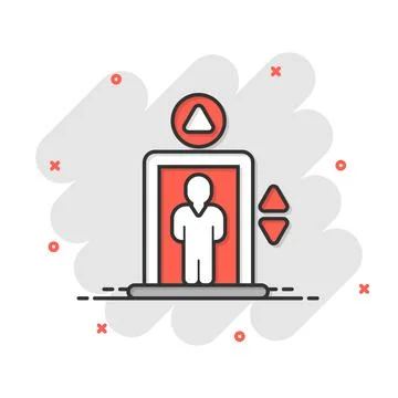 Elevator icon in comic style. Lift cartoon vector illustration on white isola Ilustración de archivo