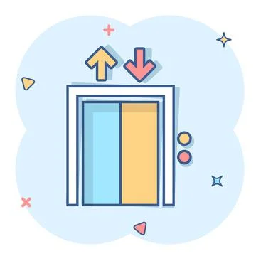 Elevator icon in comic style. Lift cartoon vector illustration on white isola Ilustración de archivo