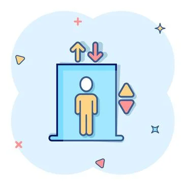 Elevator icon in comic style. Lift cartoon vector illustration on white isola Ilustración de archivo