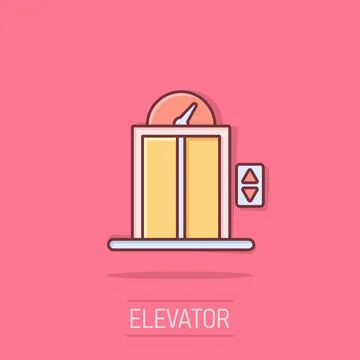 Elevator icon in comic style. Lift cartoon vector illustration on white iso.. Ilustración de archivo