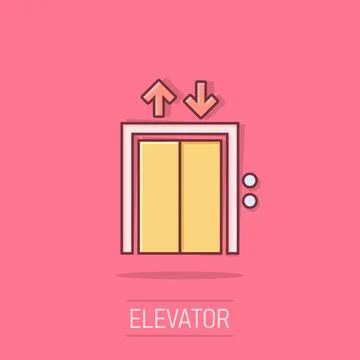 Elevator icon in comic style. Lift cartoon vector illustration on white iso.. Ilustración de archivo