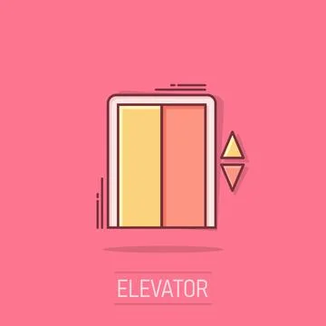 Elevator icon in comic style. Lift cartoon vector illustration on white iso.. Ilustración de archivo