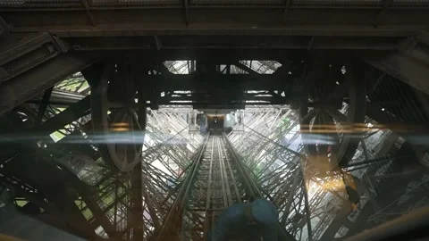 Elevator lift in Eiffel tower in Paris. Famous landmark in France. Europe Stock Footage 162771281