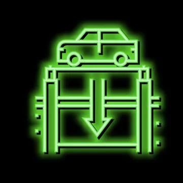 Elevator lowering car on underground parking neon glow icon illustration Stockillustratie