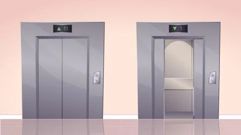 Elevator in office. Open and closed grey shiny lift doors. Interior in office Ilustración de archivo