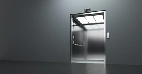 Elevator with open doors, at public space interior. Illustrazione stock