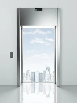 Elevator with opened doors to city Stock Illustration