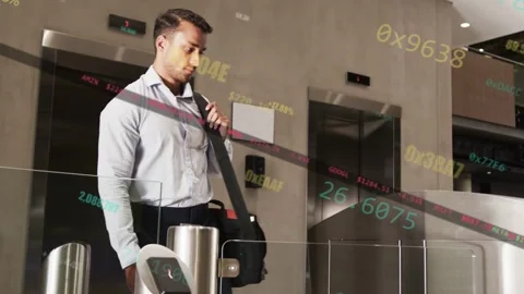 Elevator opening man exiting walking to reader scanning ID opening gate entering 库存影片 332729069