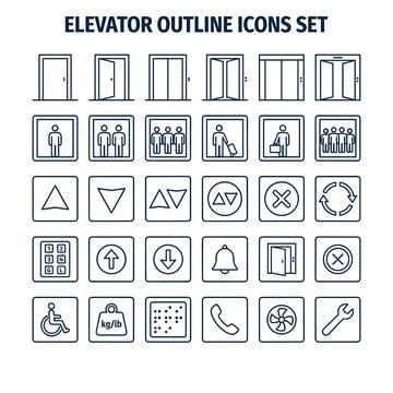 Elevator outline icon set with doors, people, directional arrows, buttons, .. Ilustração Stock