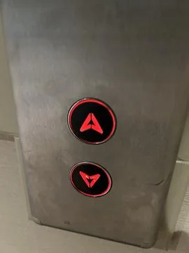 Elevator Panel With Red Up And Down Buttons On Stainless Steel Interior Stock Photos