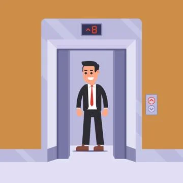 An elevator passenger rises to his floor. Illustrazione stock