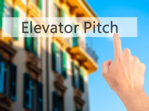 Elevator Pitch - Hand pressing a button on blurred background concept on visu Foto stock