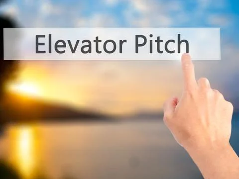 Elevator Pitch - Hand pressing a button on blurred background concept on visu Stock Photos