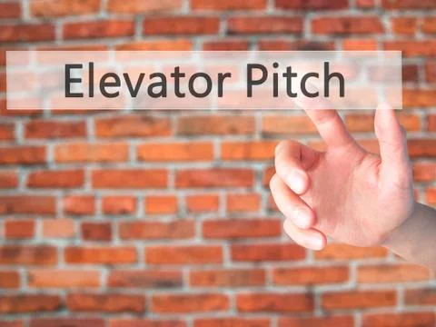 Elevator Pitch - Hand pressing a button on blurred background concept on visu Stock Photos