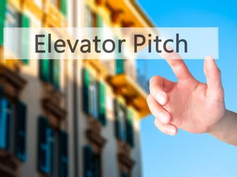 Elevator Pitch - Hand pressing a button on blurred background concept on visu Stock Photos