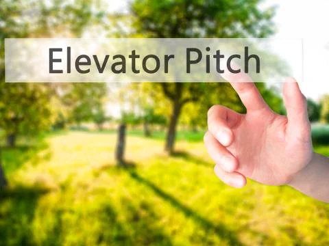 Elevator Pitch - Hand pressing a button on blurred background concept on visu Stock Photos